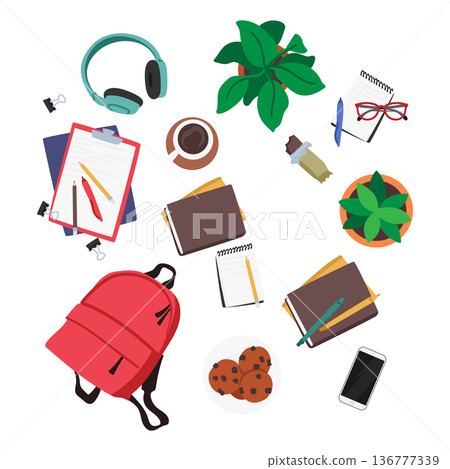 Set of Icons Rucksack, Headphones, Coffee Cup and Potted Plant. Clipboard with Stationery, Diary, Cupcake and Smartphone 136777339