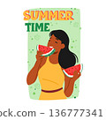 Summer Time Poster with Woman Enjoying A Slice Of Juicy Watermelon On A Hot Day. Female Character Smile 136777341