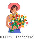 Happy Woman Holds Summer Flowers In Her Hands. Female Character Wears Blue Dress And A Big Smile On Her Face 136777342