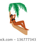 Woman Lounges On Palm Tree, Enjoying Tropical Scenery. She Basks In The Sun's Warmth, Listening To Sound Of The Ocean 136777343