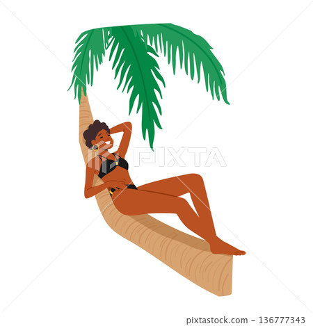 Woman Lounges On Palm Tree, Enjoying Tropical Scenery. She Basks In The Sun's Warmth, Listening To Sound Of The Ocean 136777343