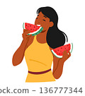 Woman Eating Juicy Watermelon at Hot Summer Day. Female Character Smile With Delight, Savoring Sweet, Refreshing Taste 136777344