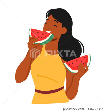 Woman Eating Juicy Watermelon at Hot Summer Day. Female Character Smile With Delight, Savoring Sweet, Refreshing Taste 136777344