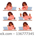 Woman Working On Laptop Expresses Range Of Emotions Such As Concentration, Frustration, Joy, Determination 136777345