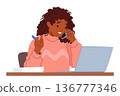 Multitasking Woman Character Working On Laptop And Making A Phone Call Simultaneously, Efficiently Managing Tasks 136777346