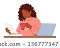 Multitasking Woman Enjoys Quiet Moment As She Reads The Paper And Sips Coffee At Her Desk, Accompanied By Her Laptop 136777347