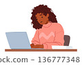 Focused Woman Character Typing On Laptop, Engrossed In Work. Her Fingers Dance Across The Keyboard With Precision 136777348