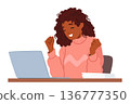 Joyful Woman Character Smiling While Working On Her Laptop, Radiating Positive Energy And Contentment 136777350