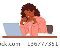 Surprised Woman, Eyes Wide, Staring At Laptop Screen In Disbelief. Female Character With Expression Of Astonishment 136777351