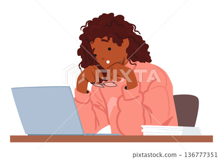 Surprised Woman, Eyes Wide, Staring At Laptop Screen In Disbelief. Female Character With Expression Of Astonishment Surprised Woman, Eyes Wide, Staring At Laptop Screen In Disbelief. Female Character With Expression Of Astonishment 136777351