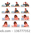 Man And Woman Working On Laptops, Displaying Emotions Of Concentration, Determination, Frustration, And Joy 136777352