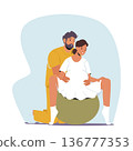 Expecting Couple In Clinic Prepare For Childbirth Using Fitness Ball. Pregnant Woman And Partner Characters 136777353
