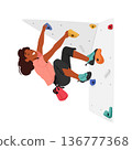 Child Climbing High Up A Challenging Rock Wall with Concentration. Little Girl Character Feel Thrill Of Adventure, Sport 136777368
