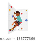 Child Conquering A Climbing Wall With Determination And Skill, Supported By Ropes And Harnesses Cartoon Illustration 136777369