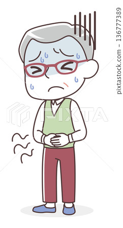 Illustration of a senior man suffering from stomach pain and gastrointestinal problems (food poisoning, stress, constipation, diarrhea) Illustration of a senior man suffering from stomach pain and gastrointestinal problems (food poisoning, stress, constipation, diarrhea) 136777389