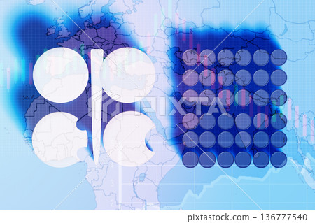OPEC. The Organization of the Petroleum Exporting Countries. The emblem of OPEC alongside oil rigs. The silhouettes of oil pumps. Oil production. The idea discussions to control production 136777540