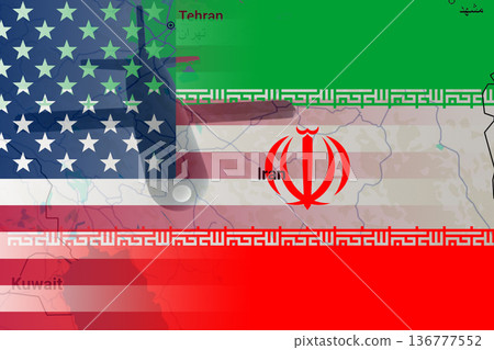 USA IRAN. Flag of Iran and the United States on the background of a cruise missile and a map of Iran. Tensions in relations between the two countries. Negotiations on Iran's nuclear program 136777552
