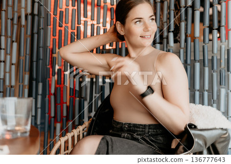 Woman Relaxing Cafe Smiling Portrait Happiness Woman Relaxing Cafe Smiling Portrait Happiness 136777643