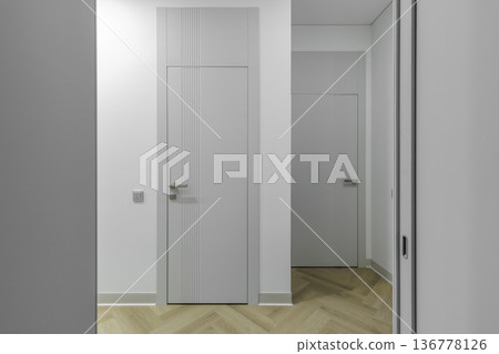 Modern Grey Interior Doors with Vertical Grooves 136778126