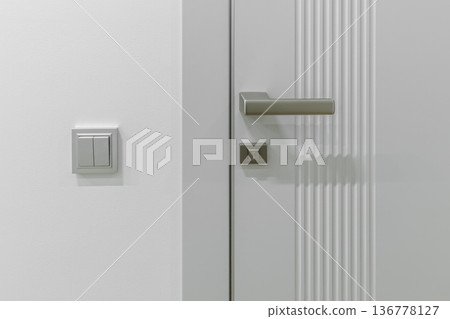 Close-up of Modern Grey Door with Vertical Grooves and Handle 136778127