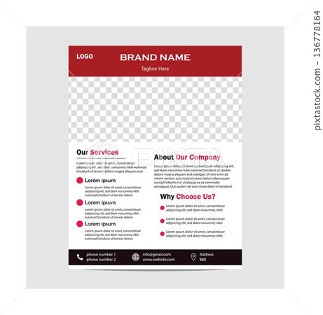 Company brochure template design with red header and placeholder text for branding and services information in a clean and modern layout 136778164