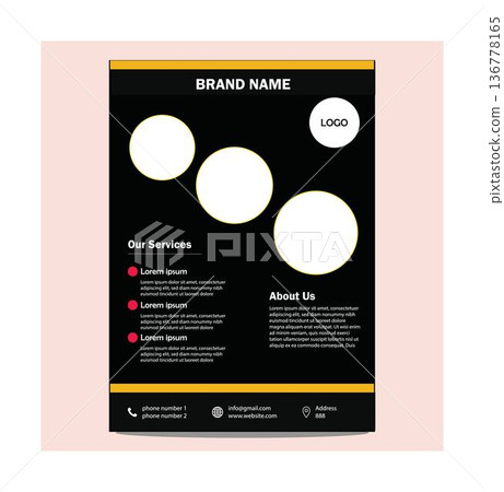 Black corporate business company profile brochure template design with yellow accents and placeholder text for branding and marketing materials 136778165