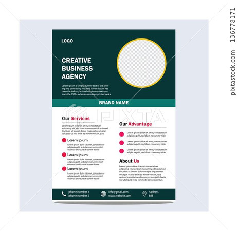 Creative business agency flyer template with dark green and white design and placeholder text isolated on transparent background Creative business agency flyer template with dark green and white design and placeholder text isolated on transparent background 136778171