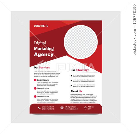 Digital marketing agency flyer template with red and white design and placeholder text for services and contact information 136778190
