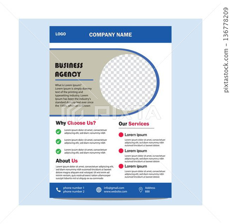 Business agency flyer template with blue and white design and placeholder text and transparent logo placeholder isolated on transparent background Business agency flyer template with blue and white design and placeholder text and transparent logo placeholder isolated on transparent background 136778209