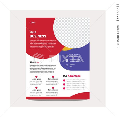 Business flyer template with red and blue design and placeholder text for company information and advantages 136778211