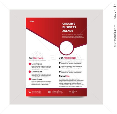 Creative business agency flyer template design with red and white color scheme and placeholder text isolated on transparent background 136778212