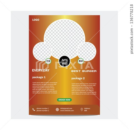 Restaurant food advertisement template with pricing and contact information on orange background isolated on transparent background 136778218