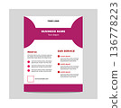 Business flyer template design with magenta and white color scheme and placeholder text for company information 136778223