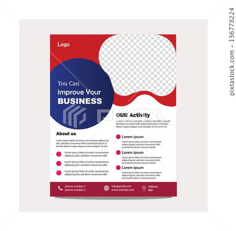 Template for business brochure or flyer with placeholder text and images on red and white background isolated on transparent background Template for business brochure or flyer with placeholder text and images on red and white background isolated on transparent background 136778224