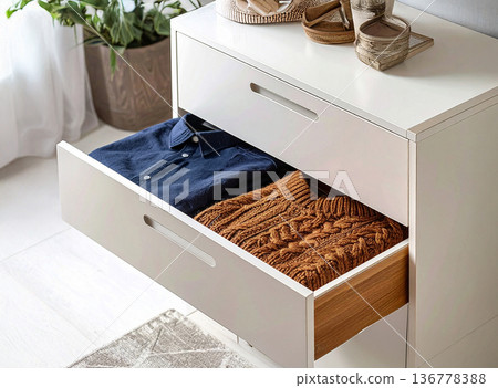 白色五斗櫥，用於存放冬衣：藏藍色襯衫和毛衣 136778388