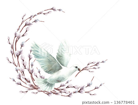 Flowering willow branches Pigeon with twig in its beak. White flying dove bird, symbol of peace. Watercolor wreath hand drawn illustration. Semicircular card for Palm Sunday, religion Easter. Isolated Flowering willow branches Pigeon with twig in its beak. White flying dove bird, symbol of peace. Watercolor wreath hand drawn illustration. Semicircular card for Palm Sunday, religion Easter. Isolated 136778401