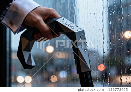 Hand holding stylish umbrella against rainy window with city lights 136778425