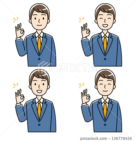 一位身穿西裝的年輕男子麵帶微笑，做出「OK」手勢（彩色） 136778426