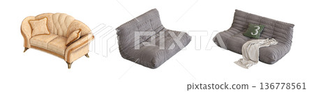 comfortable soft sofa isolated on transparent background, interior furniture, 3D illustration, cg render 136778561