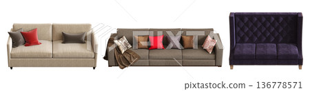 comfortable soft sofa isolated on transparent background, interior furniture, 3D illustration, cg render comfortable soft sofa isolated on transparent background, interior furniture, 3D illustration, cg render 136778571