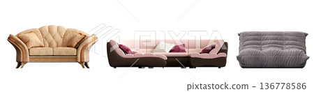 comfortable soft sofa isolated on transparent background, interior furniture, 3D illustration, cg render 136778586