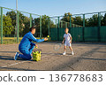 Adult caucasian male coach teaching young caucasian boy tennis on outdoor court 136778683