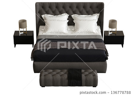 double bed isolated on a transparent background, furniture for the bedroom interior, 3D illustration, cg render 136778788