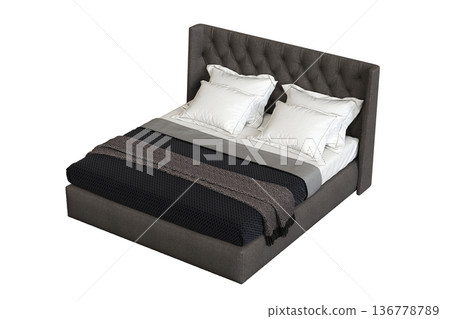 double bed isolated on a transparent background, furniture for the bedroom interior, 3D illustration, cg render double bed isolated on a transparent background, furniture for the bedroom interior, 3D illustration, cg render 136778789