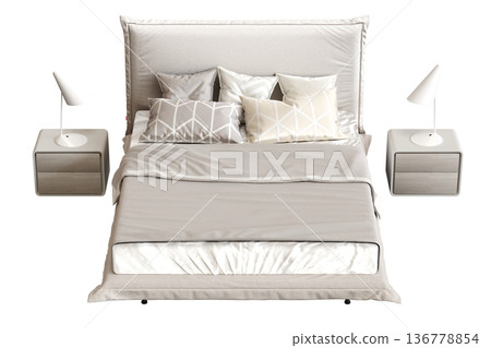 double bed isolated on a transparent background, furniture for the bedroom interior, 3D illustration, cg render 136778854