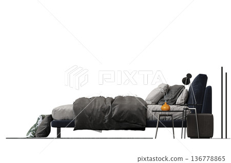 double bed isolated on a transparent background, furniture for the bedroom interior, 3D illustration, cg render 136778865