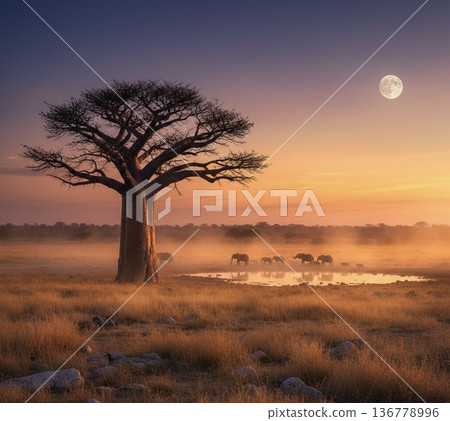 落日和樹木 136778996