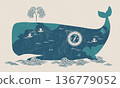 A whale leisurely traveling across the ocean, spouting water 136779052