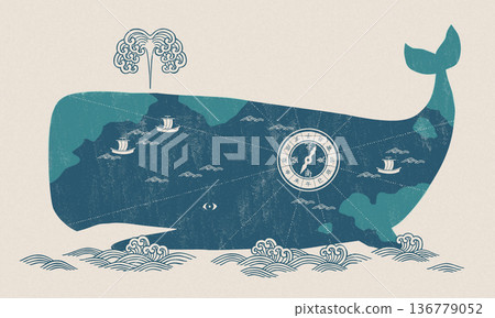 A whale leisurely traveling across the ocean, spouting water 136779052