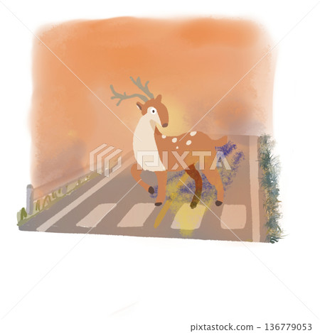 A deer appears on a mountain path at sunset A deer appears on a mountain path at sunset 136779053